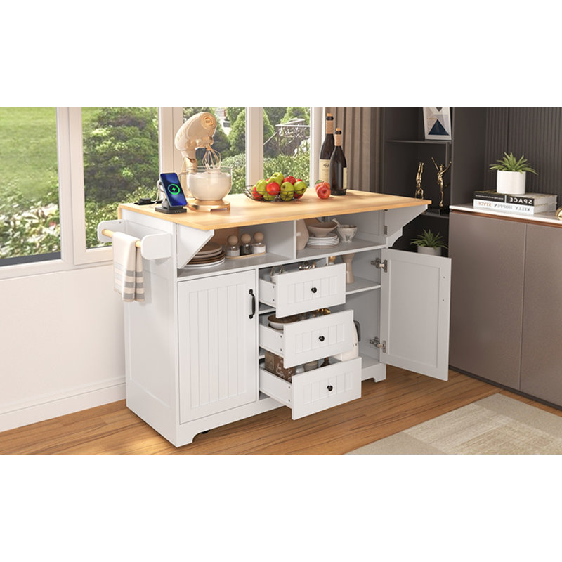 55.7"Large Kitchen Island with 2 Drop Leaf with Power Outlet, White