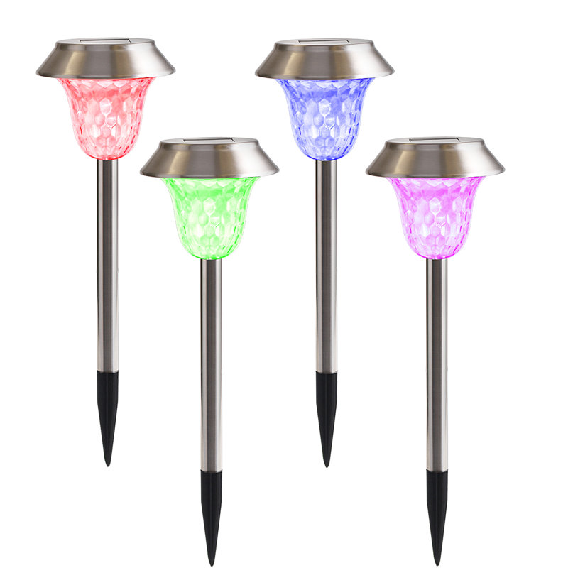 4 pièces en acier inoxydable à énergie solaire blanc chaud / RVB lumières de pelouse de jardin à changement de couleur, piquets de jardin extérieurs imperméables à DEL, sentier de paysage, allées décoratives, interrupteur automatique à détecti