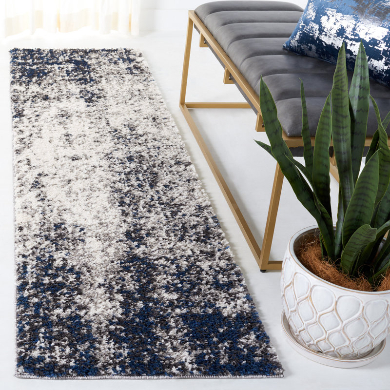 Tapis à poils longs Mertens 112 ivoire / bleu marine, Tapis de couloir 2 pi 2 po x 8 pi
