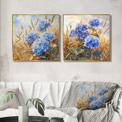 «Hortensias de campagne dans le champ de blé I», art mural hortensias, ensemble de 2 décorations murales traditionnelles