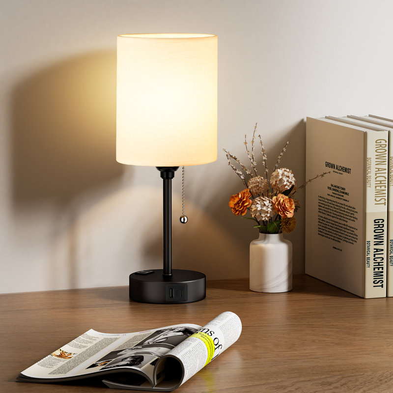 14.6'' Black Moden Bedside Table Lamp with Charging Ports & Pull Chain 