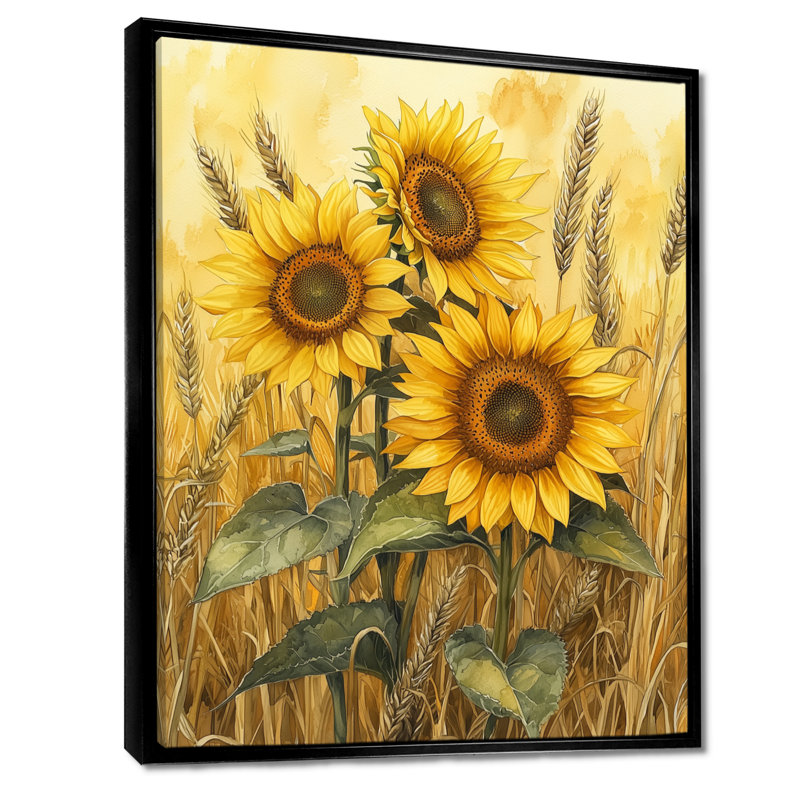 «Dragica Country Sunflowers And The Weath Field II» - art mural tournesols, Noir, Impression encadrée flottante