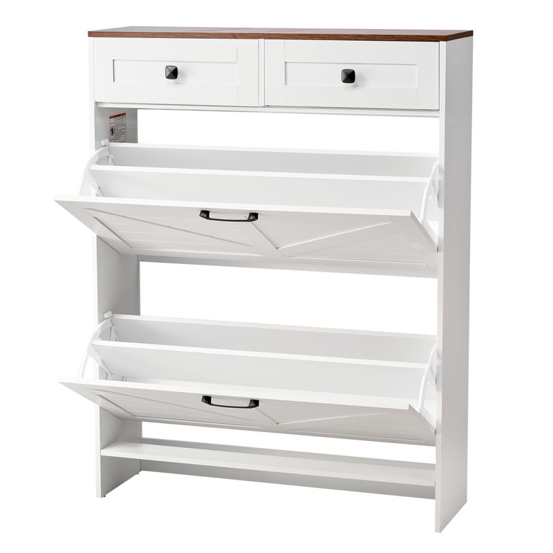 Shoe Cabinet with 2 Flip Drawers, Farmhouse Shoes Storage Cabinet with 2 Drawers and Anti-Tipping Device, Freestanding Shoe Organizer Ideal for Entryway, Hallway, Bedroom, Living Room, White