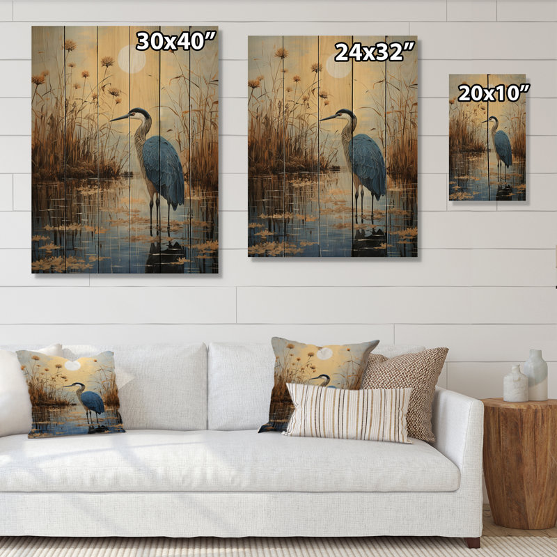 Heron Morning Stroll Pointillism III sur impression sur bois, H 32 po x l 24 po x P 0,78 po