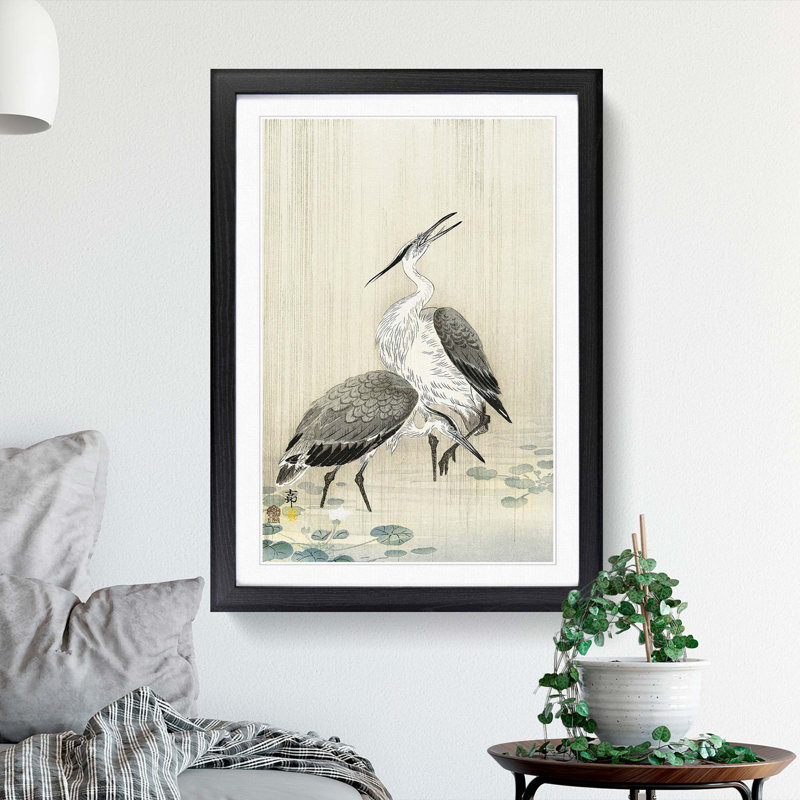Two Herons in the Rain by Ohara Koson - Picture Frame Painting Print, 48cm H x 36cm W x 2cm D, Black Framed