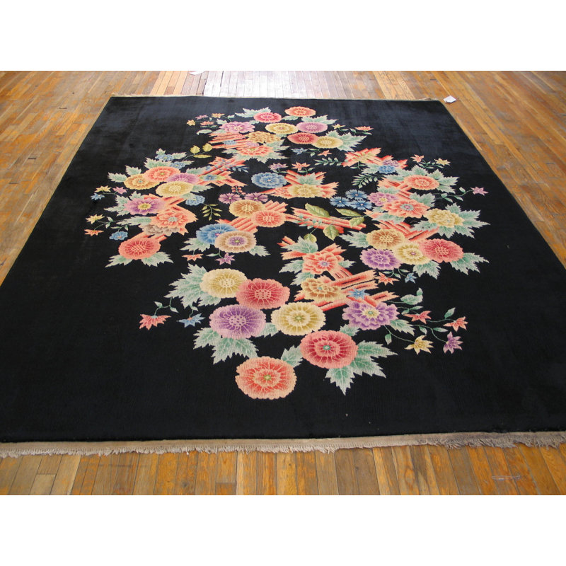 Exciting Colorful Floral Design Black Antique Chinese Art Deco Rug