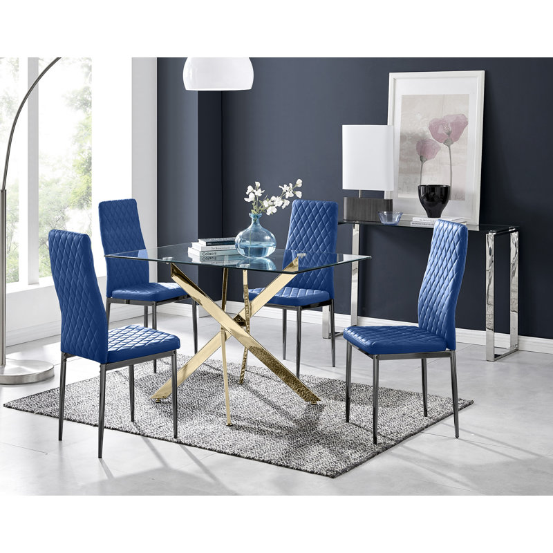Lenworth Glass Rectangular Dining Table Set with 4 Quilted Velvet Dining Chairs, Navy, Gold