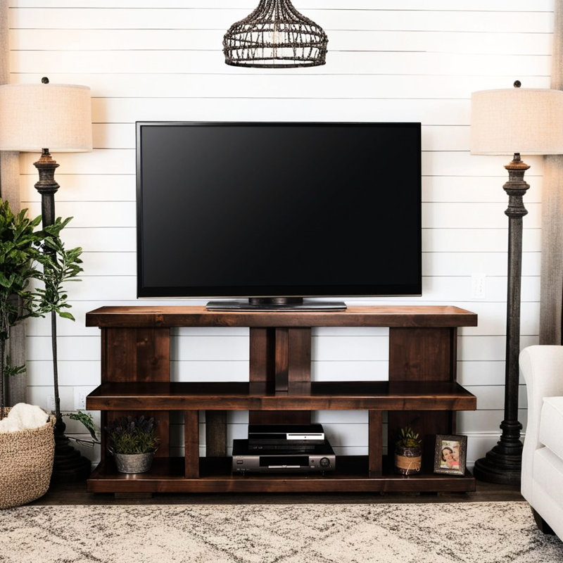 Meuble télé 64 po, compatible avec les téléviseurs de 70 po, finition whisky, sans assemblage, aulne noueux, ambiance rustique et pratique
