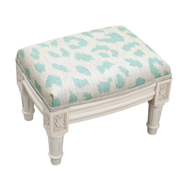 Camary Upholstered Ottoman, White, White/Aqua Linen Blend
