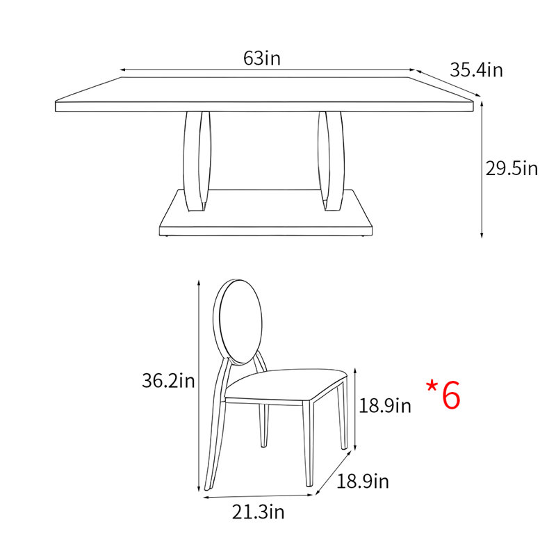 Light luxury rectangular home dining table sets, 29.5"H x 63"L x 35.4"W