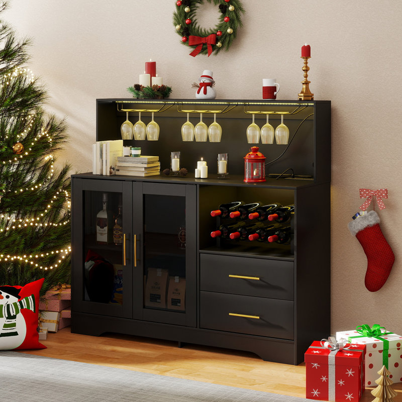  Armoire à vin moderne avec lumières à DEL, bar à café avec supports à vin et porte-verre, station de charge