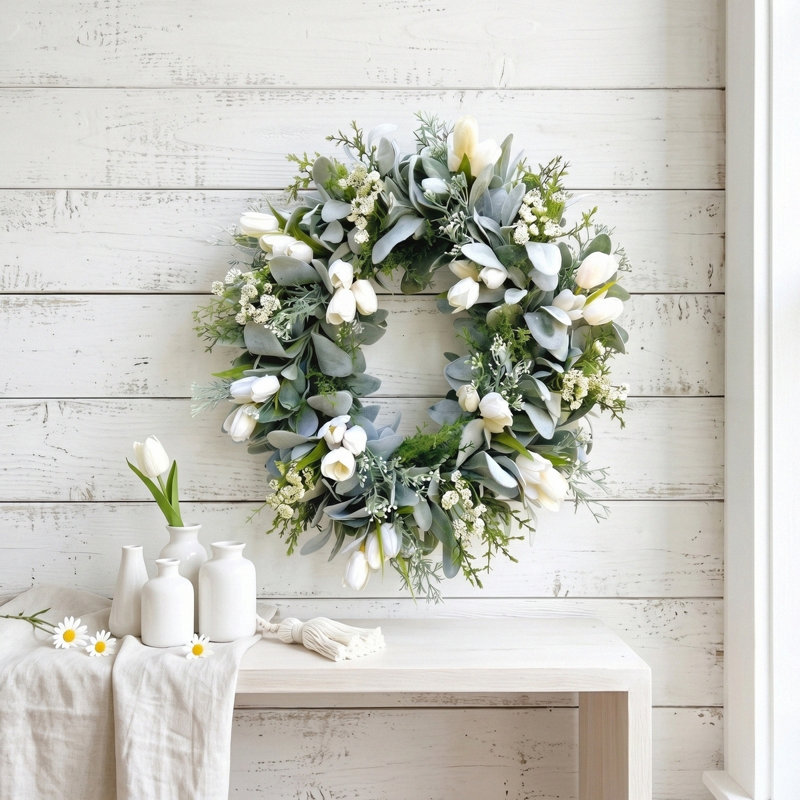 Couronne de tulipe blanche artificielle de 19,7 pouces, couronne de fleurs d'eucalyptus pour la porte d'entrée, couronne de bienvenue toutes saisons pour porche de fenêtre murale pour la maison