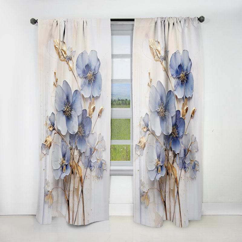 Lanscombe Blue and Gold Exquisite Violets IV - Traditional Curtain - Velvet Room Darkening - 1 Panel, 52" W x 84" L