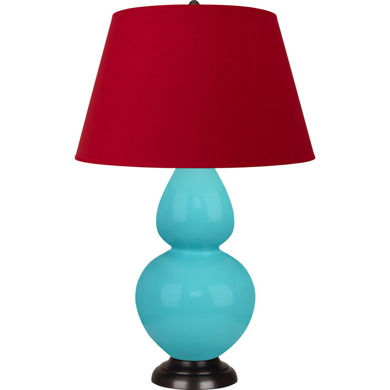 Lampe de table double gourde en céramique, Bleu œuf émaillé / bronze, Tangerine / doublure taupe, Bronze