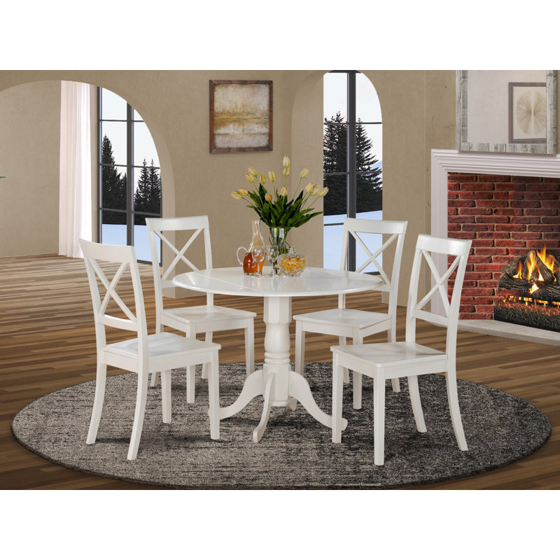 L'ensemble de table de cuisine 5 pièces pour 4 personnes comprend une table de salle à manger ronde avec Dropleaf et 4 chaises en bois massif, 42 x 42 pouces, lin blanc