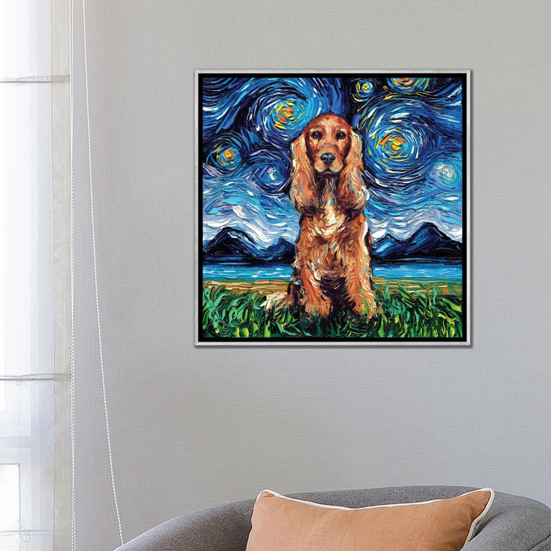 Reproduction d’art, "abricot Poodle Night" par aja Trèves, H 24 po x l 24 po x p 1 po, Papier encadré noir, Blanc