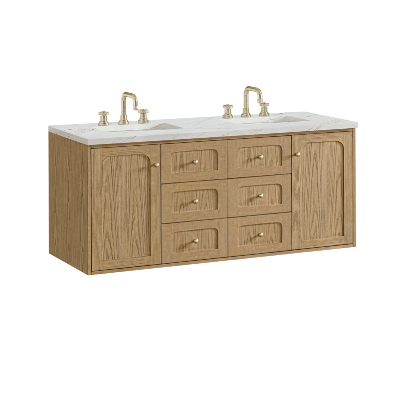 Laurent 60" Double Vanity, Light Natural Oak W/FreePower Wireless Charger, Ethereal Noctis, Light Natural Oak