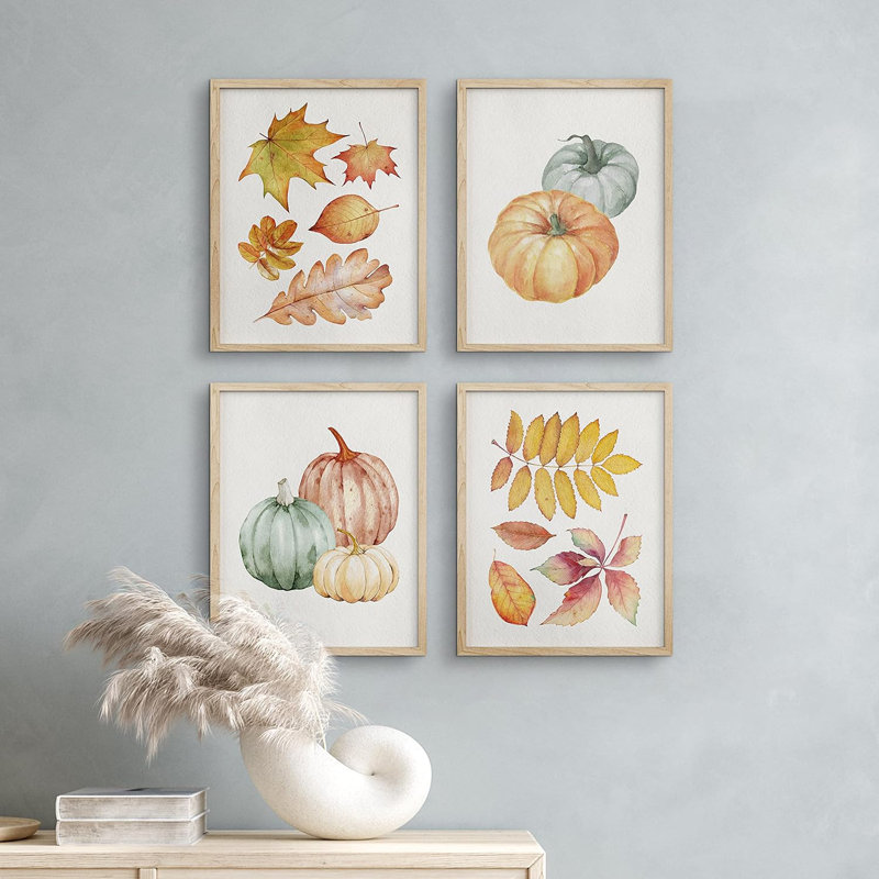 «Autumn Fall Thanksgiving Pumpkin Tree», reproduction de papier encadrée sur papier 4 pièces, Naturel, H 10 po x l 8 po