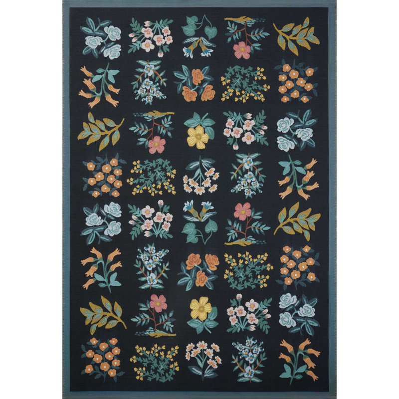 Rifle Paper Co. x Loloi Perennial Black / Navy Indoor / Outdoor Area Rug, Rectangle 6'7" x 9'4"