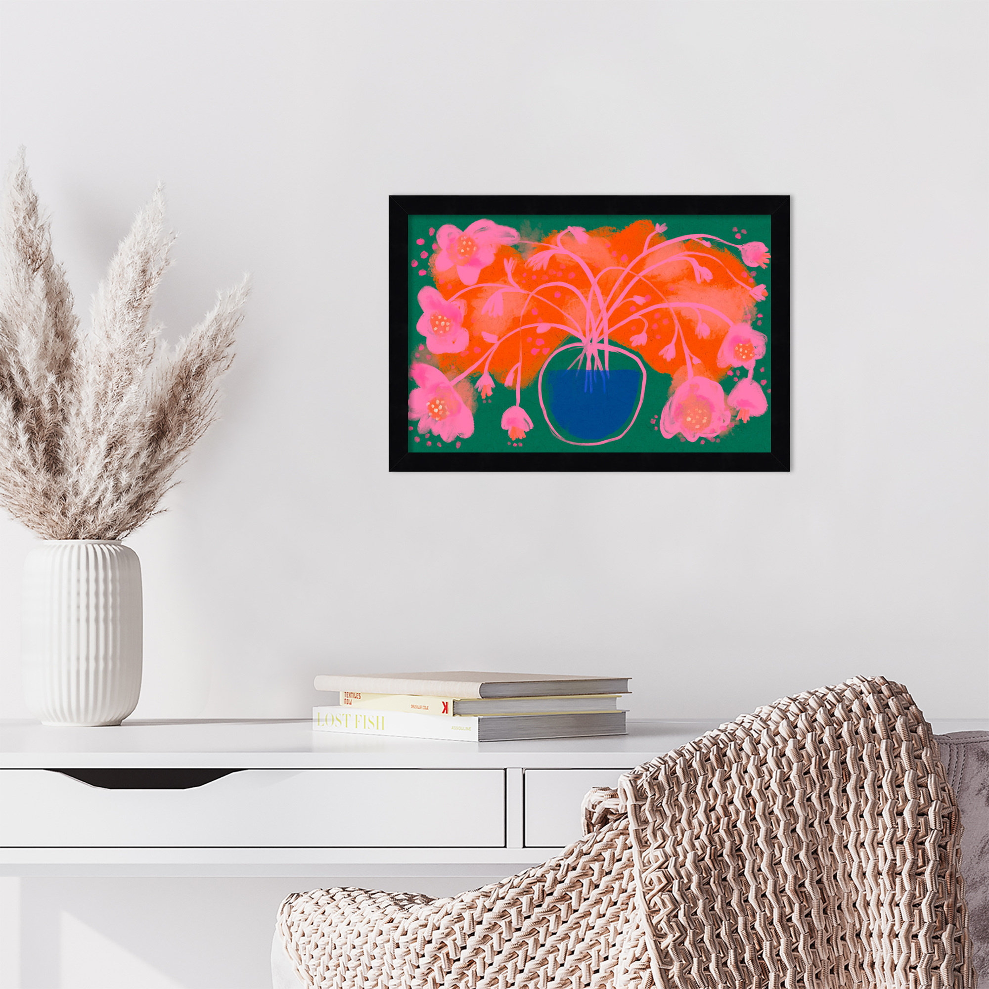 Pink Flower Bouquet by Treechild  Wood Framed Wall Art Print, 12" H x 17" W, Black