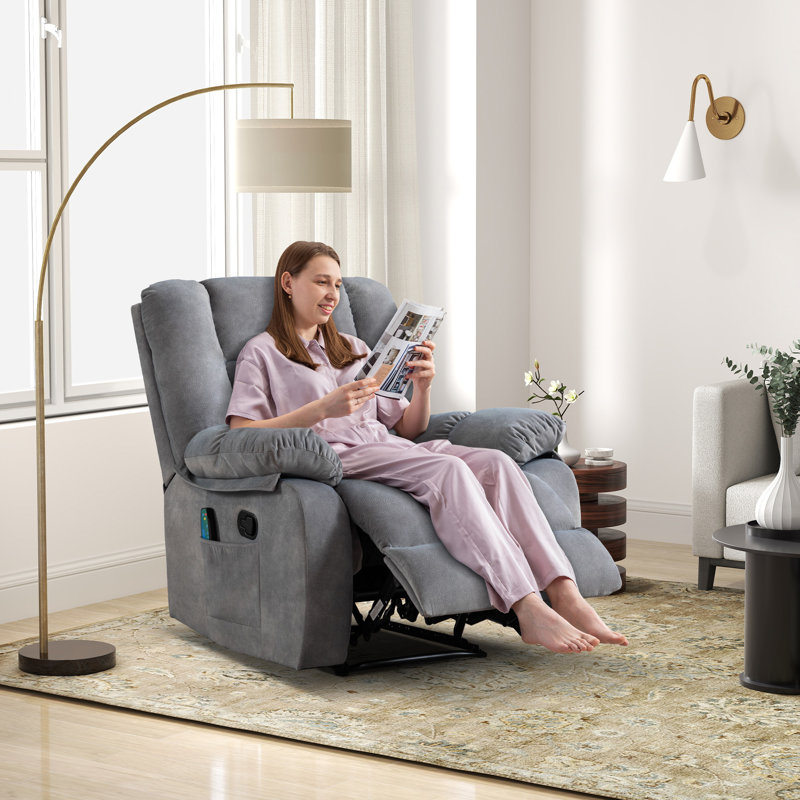Lyquinn 35.8" Wide Contemporary Manual Reclining Massage Chair with Heating Function, Light Gray Velvet