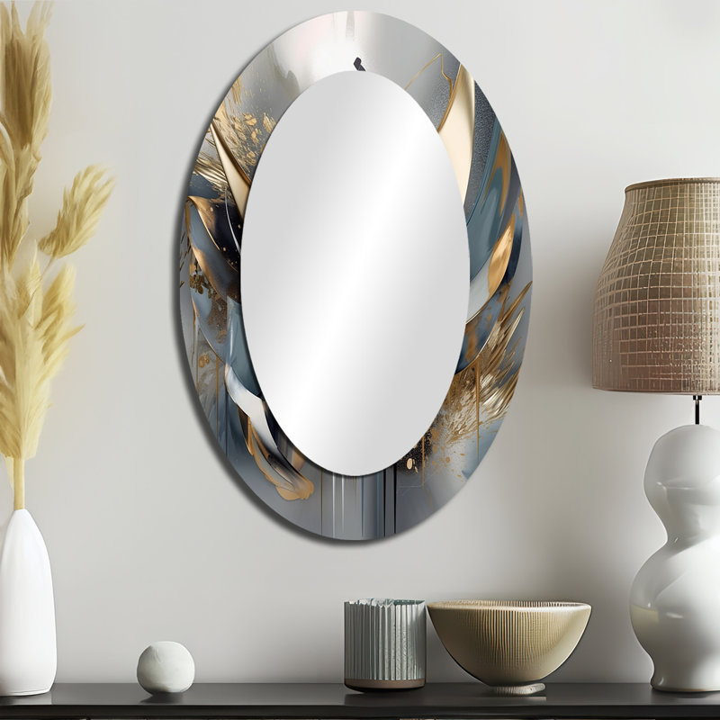 Abstrait formes abstraites et lignes IV - décor de miroir mural ovale doré, 36 po x 24 po