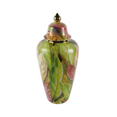 Ellendale Ceramic Ginger Jar for Living Room Furniture ,Green & Pink Leaves Decorative Ginger Vase Home Decor