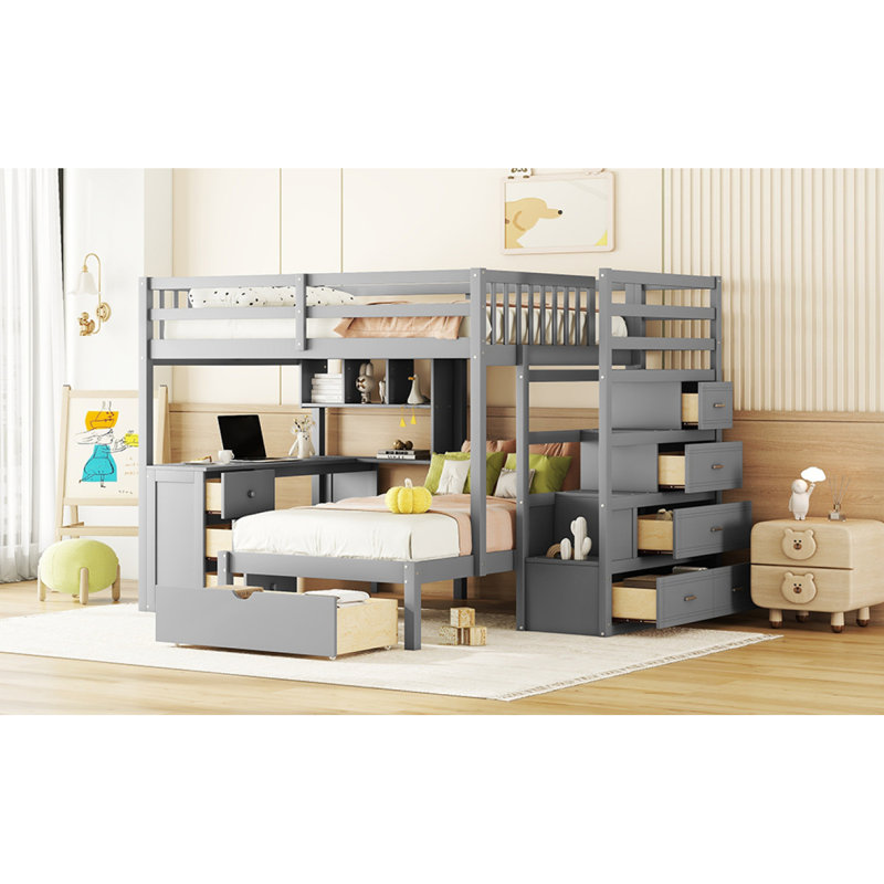 Lit superposé avec bureau, tiroirs et tablettes, Gris