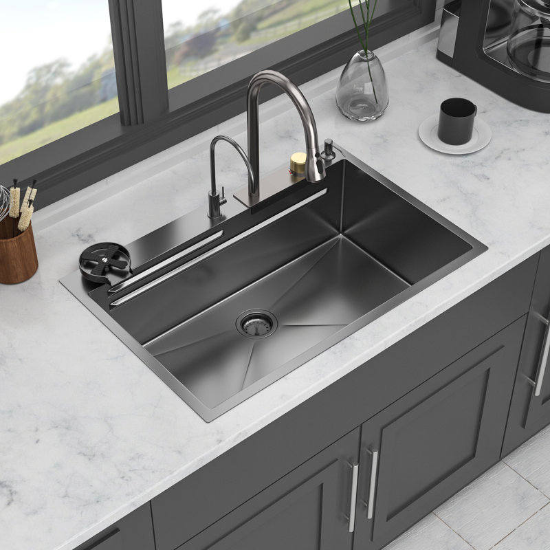 Lsi Drop-In Waterfall Kitchen Sink, 16 Gauge Stainless Steel, Single Bowl, 33X22X10 Inch, Gunmetal Black, Workstation With Pull-Out Faucet & Cup Washer
