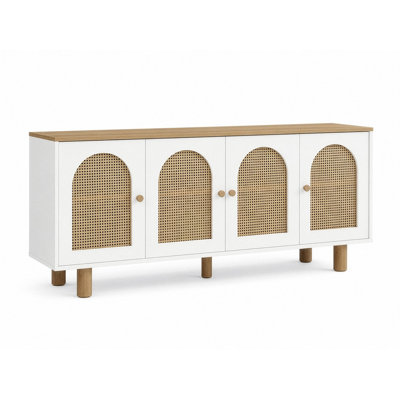 Modern Scandinavian Console Table with Soft-Close Doors, White & Oak, 70.9 x 31.5 x 16.1 inches | 100% MDF with Hornbeam Wood Legs & Handles | Wall-Mountable Design, Multiple Shelves for Stylish Storage