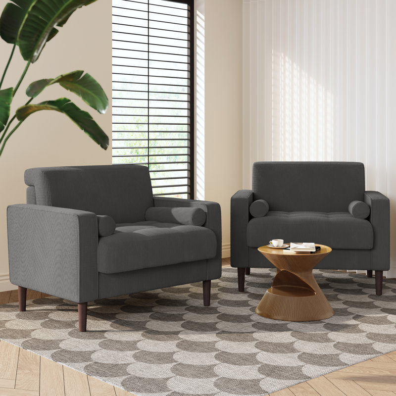 Iliana Upholstered Gray Corduroy Square Arm Tufted Club Chair with 2 Pillows, Gray Corduroy