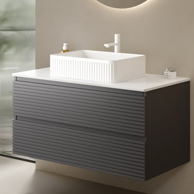Armoire de salle de bain murale grise en contreplaqué de 36 po, imperméable à l'eau, tiroirs spacieux, coulisses, contreplaqué de conception moderne, scandinave