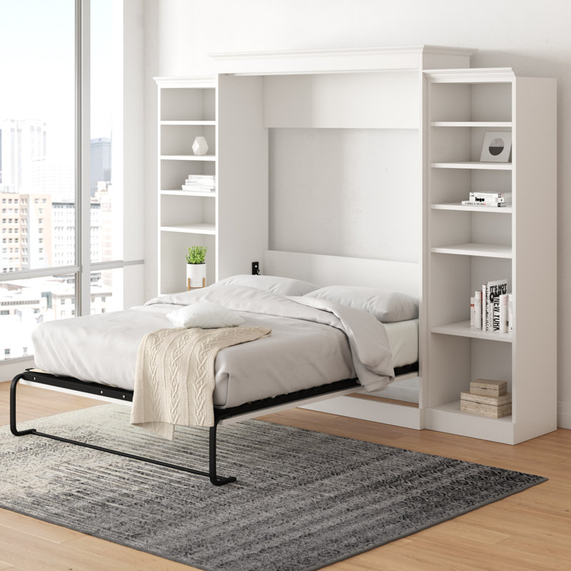 Lit plateforme escamotable avec rangement Alvaretta, Blanc, Double