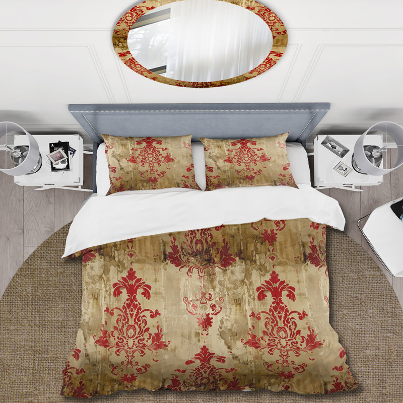 Ensemble de housse de couette damassé rouge et or et motif baroque, Housse de couette pour grand lit + 2 taies décora