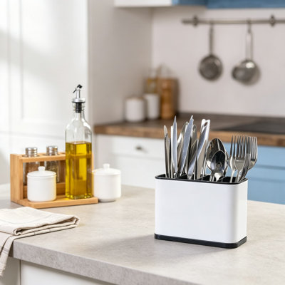 Utensil Holder for Kitchen Countertop, Stainless Steel Flatware Caddy with Four Compartments and Removable Divider, Cutlery Organizer for Spoons, Forks, and Knives, Anti-Fingerprint Finish, Dishwasher Safe
