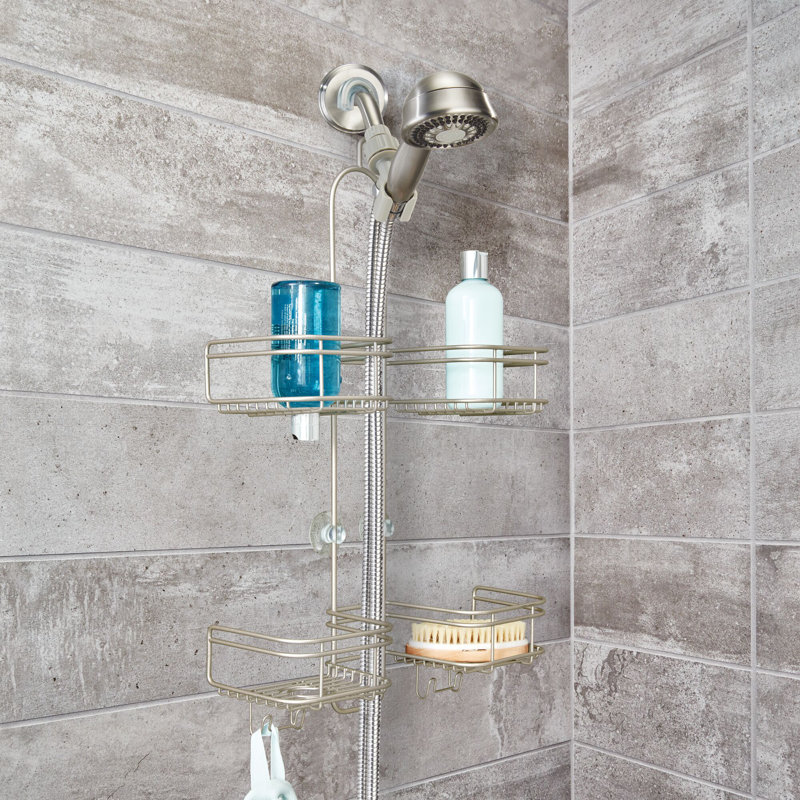 Satin Metal Over Shower Head Hanging Caddy with 4 Compartments