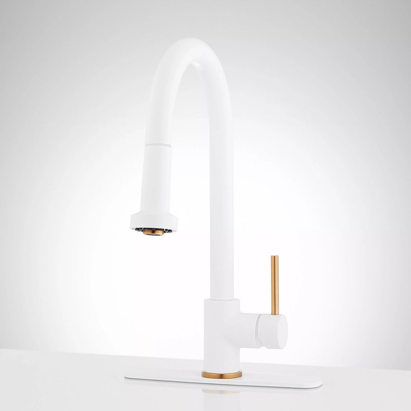 Ridgeway Single Handle Pull-Down Kitchen Faucet with Deck Plate, Brushed Gold/Matte White