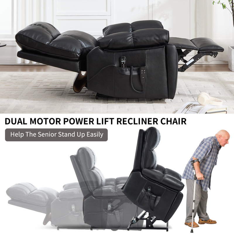 Black Leatheraire Heat Massage Dual Motor Infinite Position Up to 350 LBS Large Electric Power Lift Recliners with Hidden Cup Holders, Power-Remote, Medium-firm and Heavy Duty