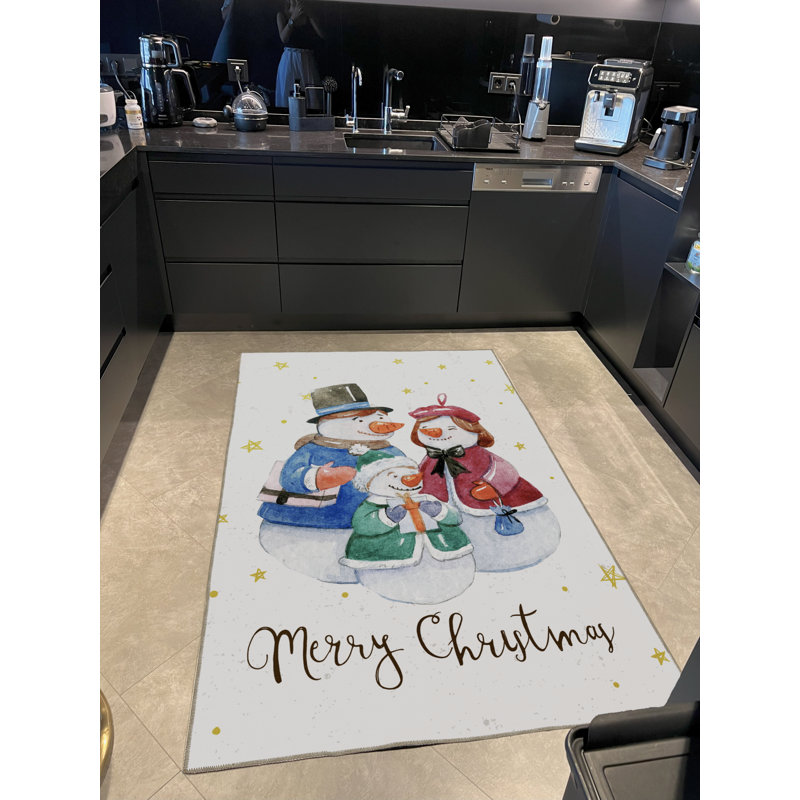 Tapis beige à motif de famille de bonhomme de neige à motif de Noël «Merry Christmas» beige