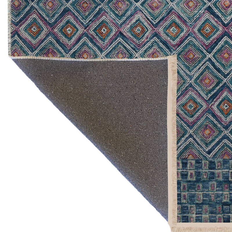 Tapis décoratif multicolore à motif géométrique bleu, Rectangle 4 pi 11,06 po x 7 pi 6,55 po