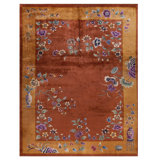 Rectangle Coral / Salmon Pink 1920s Hand Knotted Pile Wool Antique Rug