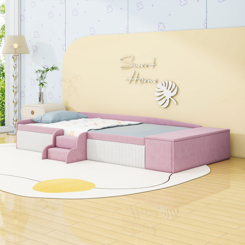Velvet Upholstered Ded with Storage Ottoman, Staircase and Padded Guardrails, Pink White, Twin
