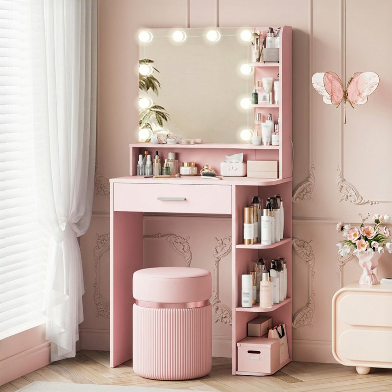 Manufactured Wood Makeup Vanity with LED Mirror and Storage Shelves, Pink