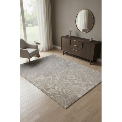 4' X 6' Gray And Ivory Damask Area Rug