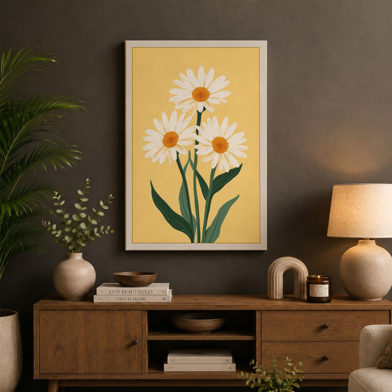 Golden Daisy Trio Botanical - Wrapped Canvas, 18x12 - 45.7 x 30.5 cm, Taupe Border
