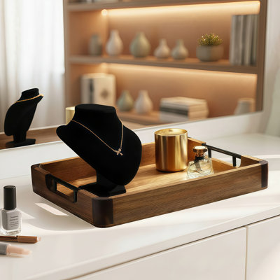Noyer et plateau en bois d'acacia (avec poignée + 3 coussinets en silicone) - Pièce décorative de table basse rectangulaire, idéale pour les fêtes et la décoration intérieure.