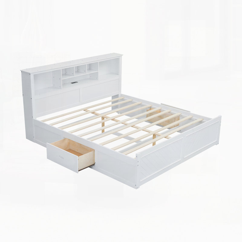 Lit plateforme en bois avec tête de lit à rangement multiple, Blanc