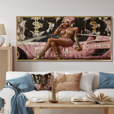 «Blonde Babe On Exotic Pink Sports Car - Fashion Girl Power», art mural