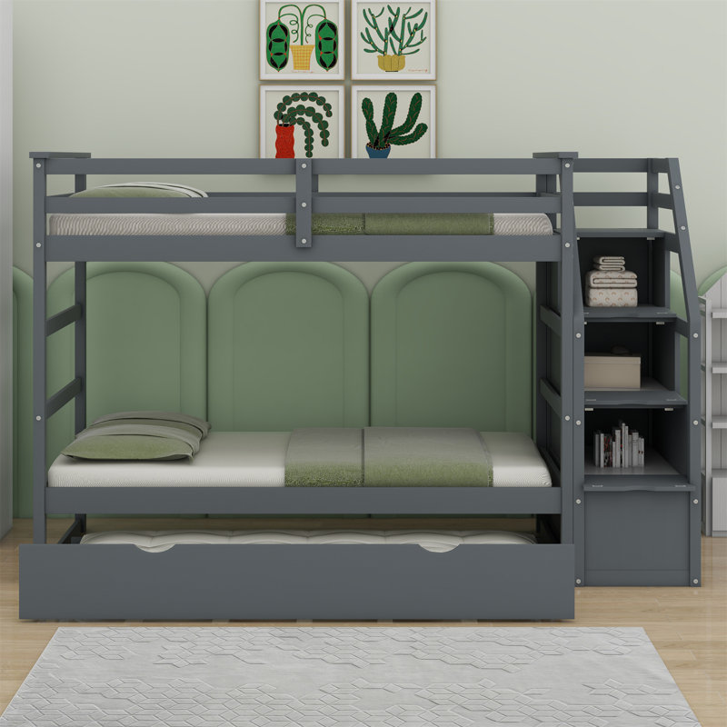 Iftekar Kids Bunk Bed with Trundle, Gray, Full Over Full