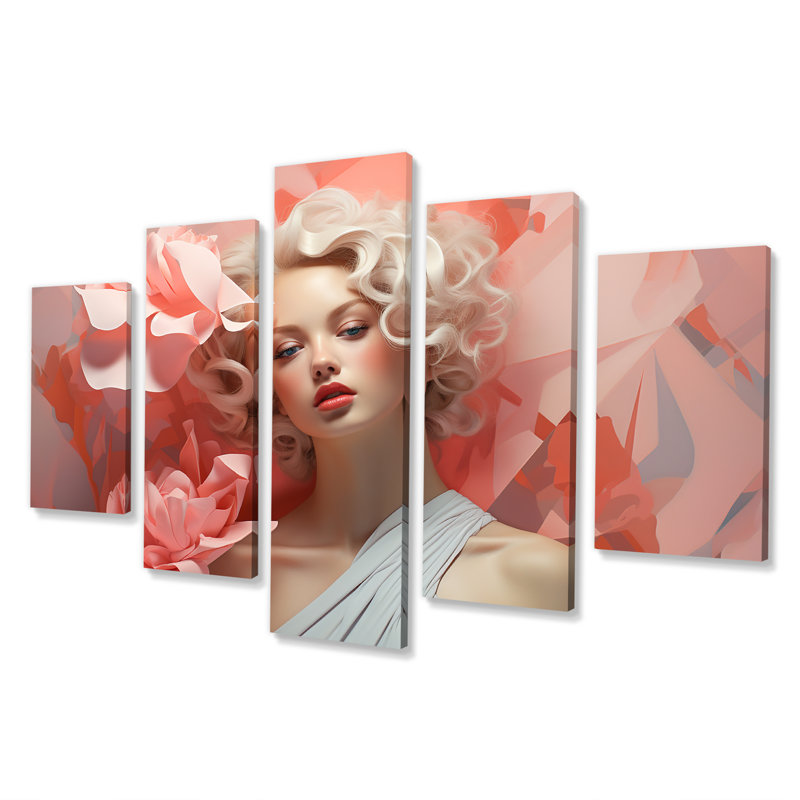  «Cubism Pink Pastel Tones Woman Portrait VIII - Fashion Multipanel Wall Art Canvas